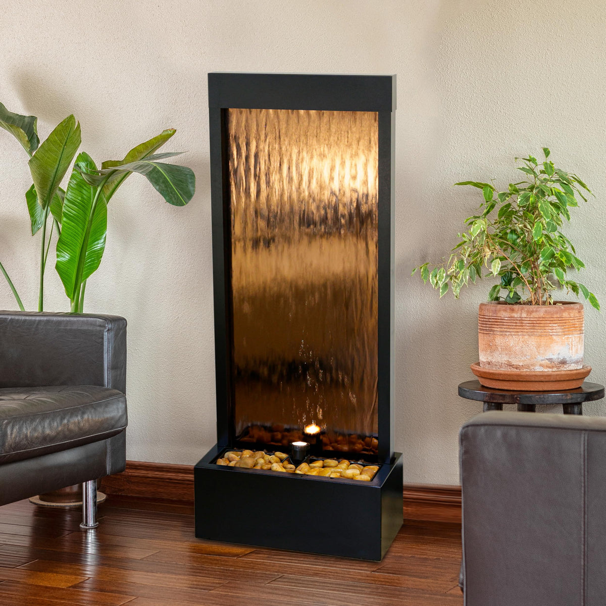 48" Tall Indoor Modern Wall Mounted Zen Mirror Waterfall Floor Fountain with Stones and LED Lights Decor for Office (48 Inches - Bronze)