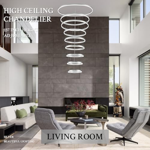 9 Rings D39.4in Modern LED Chandelier Silver Dimmable High Ceiling Foyer Chandeliers Entryway with Remote Control for Staircase Entryway Living Room Foyer (Silver / 9 Rings 39.4in)