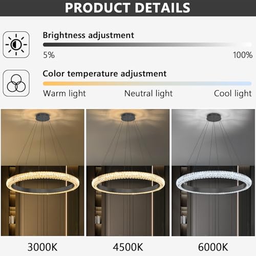 32" 1 Ring Crystal Chandelier Modern LED Dimmable Ring Pendant Light Chandelier for Dining Room Living Room Black (Black / 1 Ring Round 32")