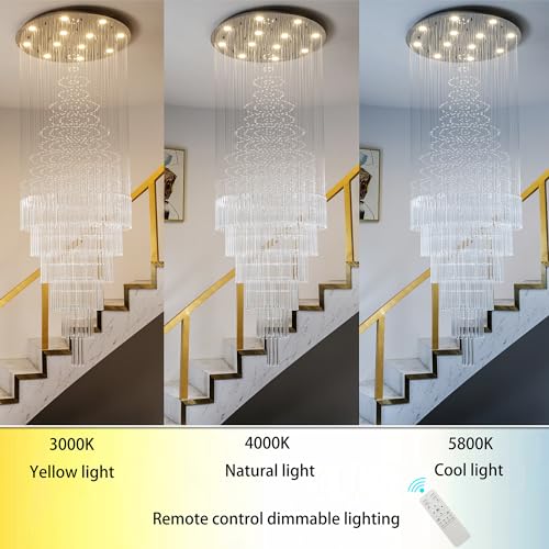W32 x H100 Glam Chandelier with LED Bulbs Crystal Raindrop High Ceiling Pendant Light for Entrance Large Villa Chandelier Foyer Lighting Fixtures Silver (Silver / Round W32" X H100")