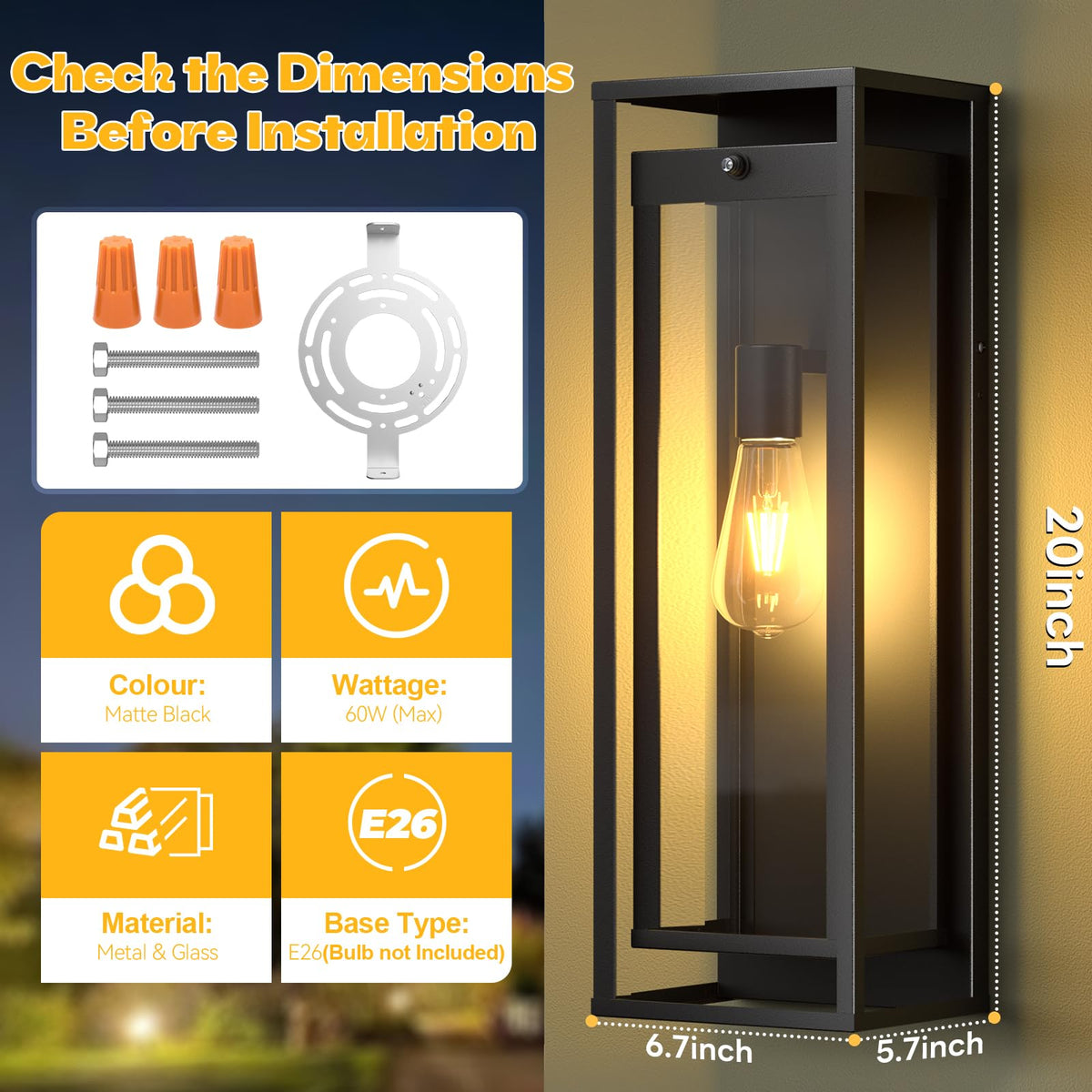 20in Extra Large Outdoor Wall Sconce Black Modern Exterior Lighting Fixture (No Sensor / 20in)