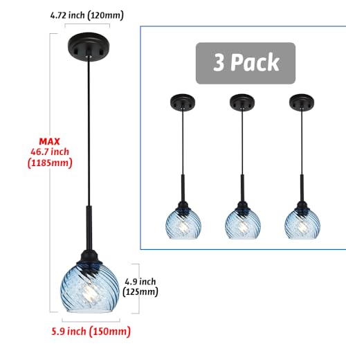3 Pack Dining Room Light Fixture with Blue Striped Swirl Globe Glass (Blue / 1-Light-3 Packs)