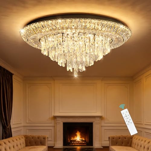 Modern Black Crystal Chandelier LED Ceiling Light Fixture Raindrop Chandeliers Dimmable Lighting for Living Room Dining Room Entryway Bedroom (Black / W32")