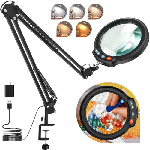 30X 12X Large Magnifying Glass with Light and Clamp