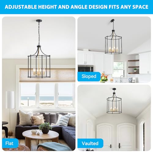 17.7" Lantern Pendant Light Modern Geometric Hanging Chandelier Black and Gold 6 Lights Adjustable Height Cage Pendant Lighting Fixture for Dining Room Living Room Kitchen Entryway Hallway (181-Black Gold)