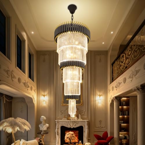 Staircase Chandeliers for High Ceiling Large Black and Gold Crystal Chandelier Long Entryway Chandeliers Adjustable Chain for Foyer Living Room Entryway 24″W x 48″H (D24"XH48" Black)