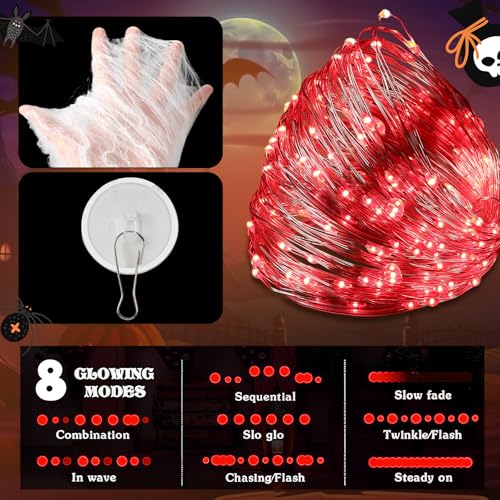 Halloween Spider Web Decorations with 32FT String Lights (Red Light)
