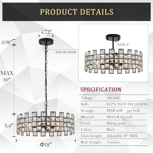 Black Crystal Semi Flush Mount Ceiling Light (Large Matte Black)