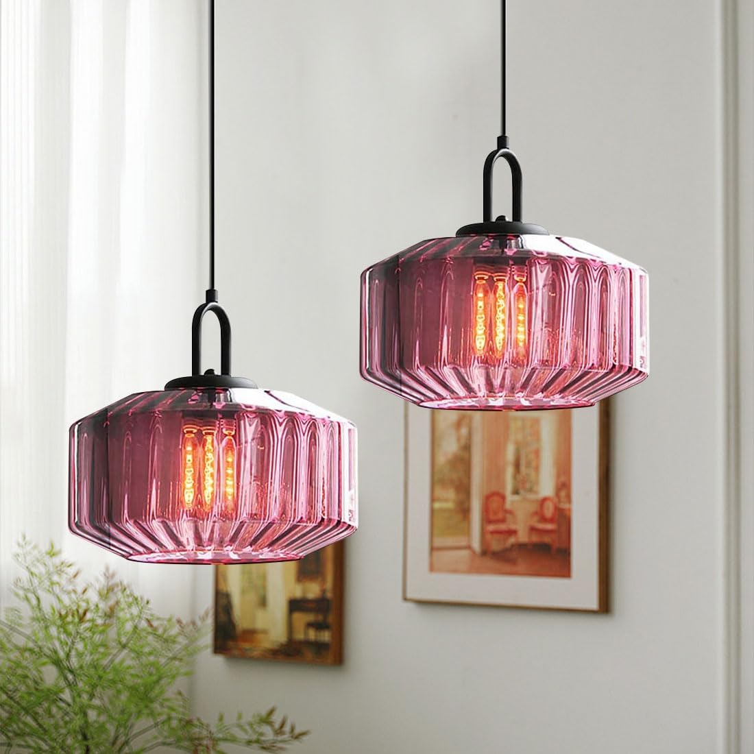 Mid Century Hanging Light Purple Glass Ceiling Pendant Lights (Purple-2)