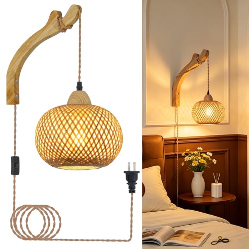 Frideko Bamboo Lantern Plug in Wall Sconces Wicker Wall Lamp with Plug in Cord Hand Woven Rattan Wall Light Farmhouse Rustic Wall Sconces Boho Sconces Wall Lighting for Living Room Bedroom (Orange(1PC))