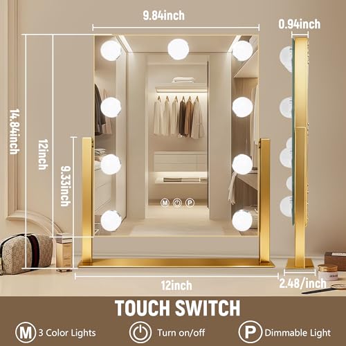 Portable Travel Makeup Mirror with Lights (Gold / 12"L x 14"W)