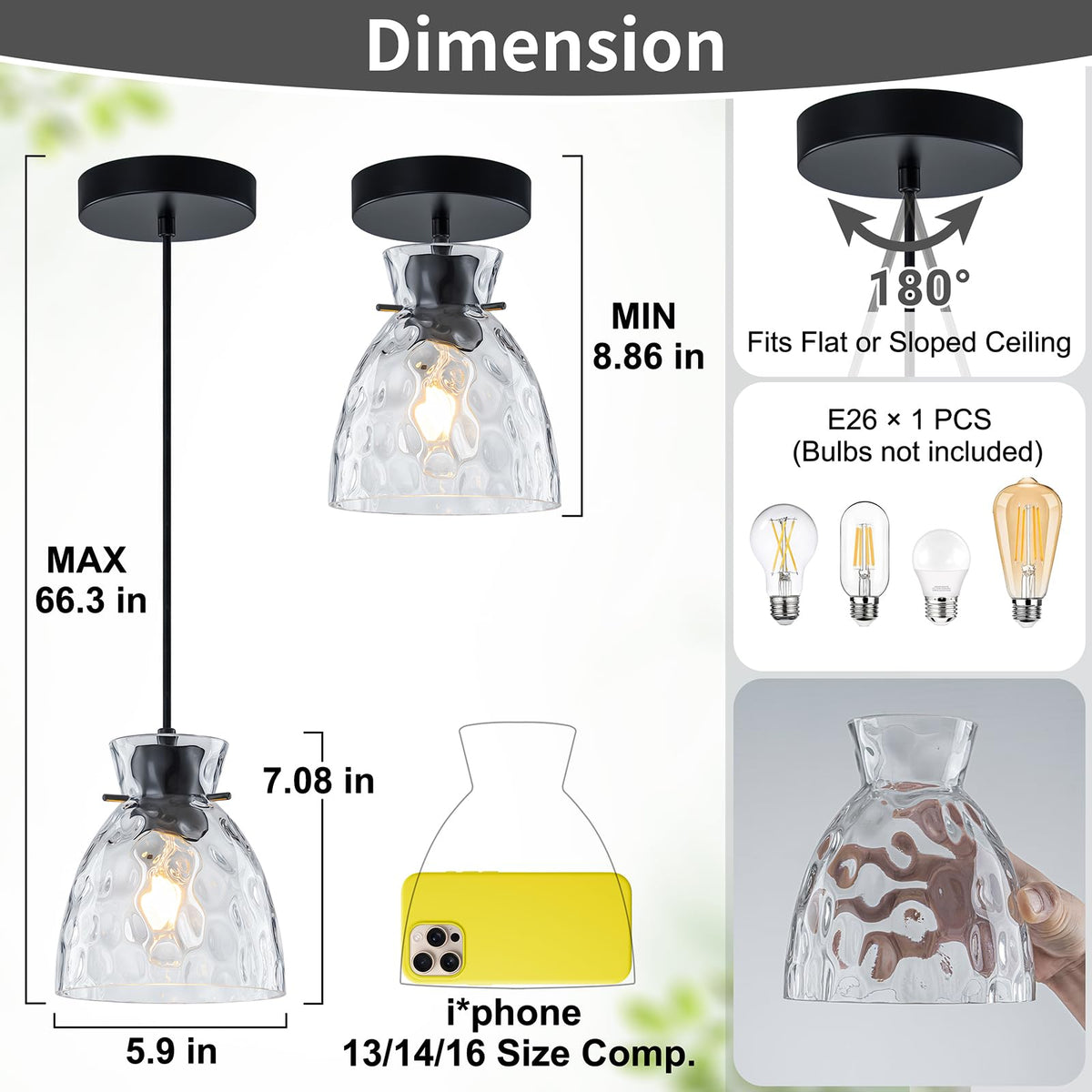 6" Mini Hammered Glass Black Pendant Lights Kitchen Island Lighting 1 Pack (1-Pk Black / D5.9")