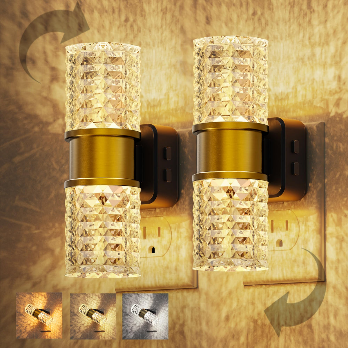 Night Light Modern Night Lights Plug into Wall (Gold Ring-3CCT Diamond / 2 Pack)