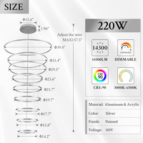 9 Rings D39.4in Modern LED Chandelier Silver Dimmable High Ceiling Foyer Chandeliers Entryway with Remote Control for Staircase Entryway Living Room Foyer (Silver / 9 Rings 39.4in)
