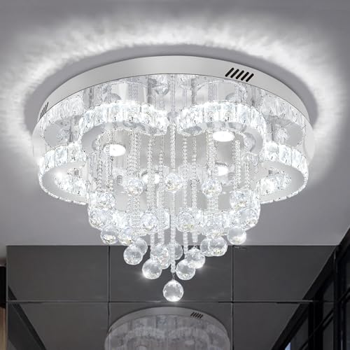 W24inches Modern Chandelier for Dining Room Raindrop Crystal Chandelier Luxury Flush Mount Ceiling Light Fixture Ceiling Lamp for Hallway Bedroom Living Room Kitchen (Silver / 24inch)