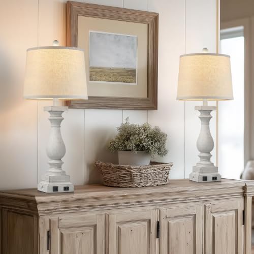 28" Tall Farmhouse Table Lamp with USB C+A Ports and AC Outlet (White-1 Pack)
