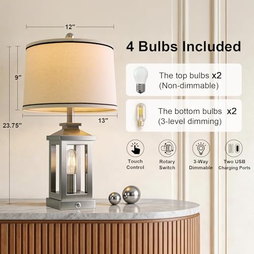 Modern Table Lamps Set of 2 for Living Room 23.75" Bedroom Nightstand Lamps (Silver)