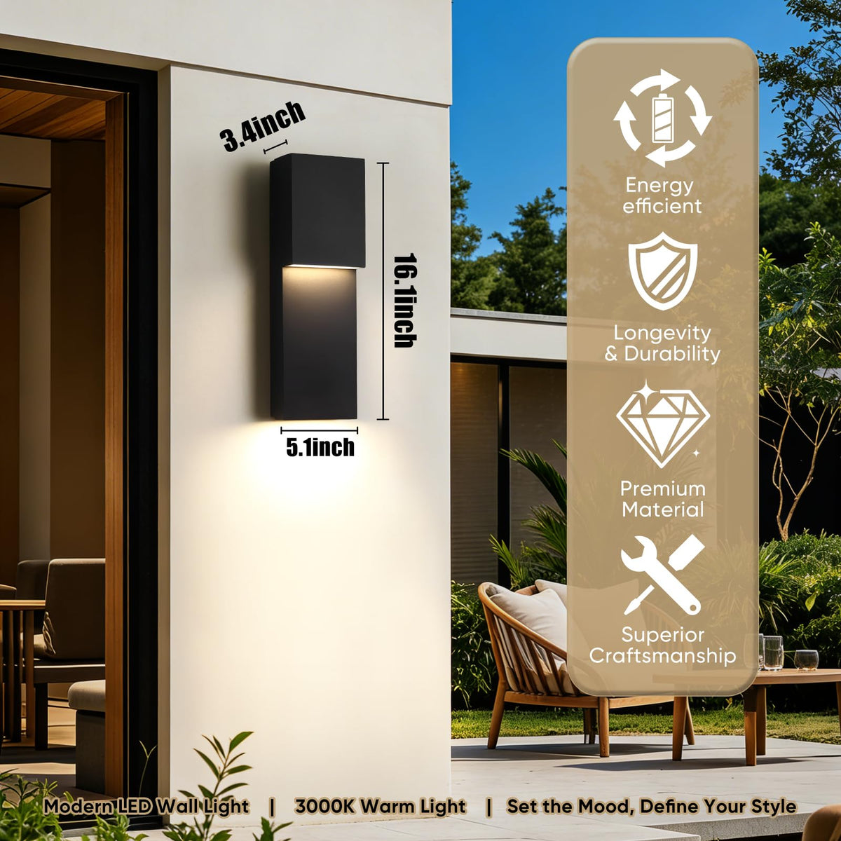 Modern 16" 18W LED Outdoor Wall Sconce (Black 59)