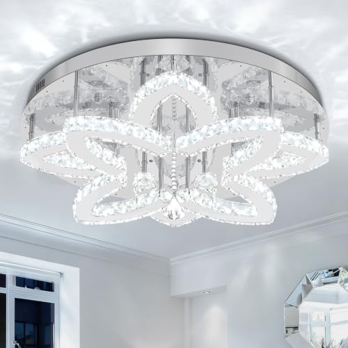 Dia 24" Modern Crystal Chandeliers Silver Chandelier LED Flush Mount Ceiling Light for Living Room Dining Room Bedroom Foyer Entryway LED Dimmable 2700 (Silver / Dia 24")