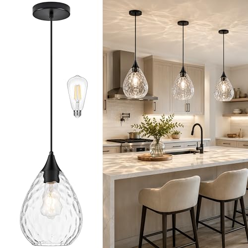 Black Glass Pendant Lights Kitchen Island 8" Pendant Light Fixtures Hammered Clear Glass Height Adjustable Modern Hanging Pendant Lights for Dining Room Bedroom Hallway Sink Bulb Incl (Black, 1 PK / 8 Inch)