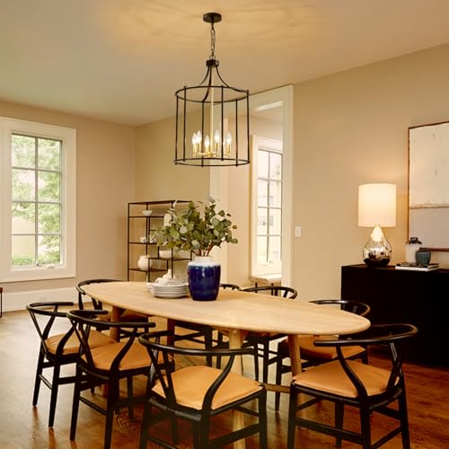 17.7" Lantern Pendant Light Modern Geometric Hanging Chandelier Black and Gold 6 Lights Adjustable Height Cage Pendant Lighting Fixture for Dining Room Living Room Kitchen Entryway Hallway (181-Black Gold)