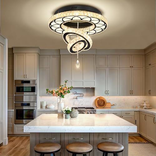 Dia 24" Modern Crystal Chandelier for Dining Room Black Ceiling Chandelier Flush Mount Ceiling Light for Living Room Bedroom Hallway (Black / W:24inches)