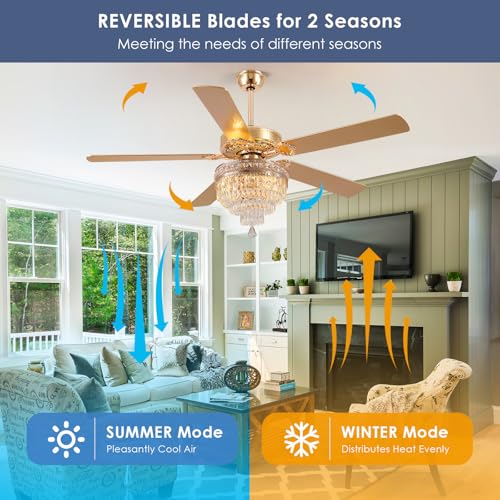 62"Golden Crystal Chandelier Ceiling Fans with Lights and Remote Control (Gold-62IN)