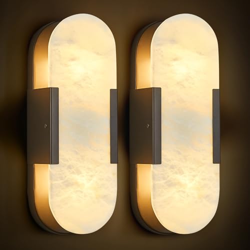 Natural Alabaster Wall Sconces Set of Two (Matte Black / 13.8 in-2 pack)