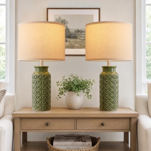 22.6" Modern Ceramic Bedside Lamps Set of 2 (Dark Green)