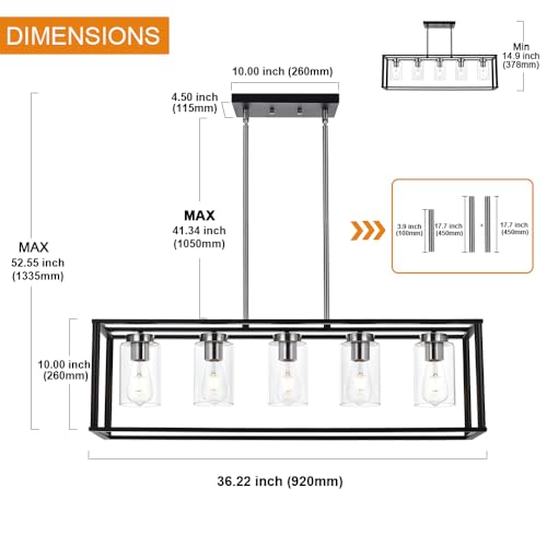 Modern Chandeliers Brushed Nickel and Black 5 Light Rectangle Dining Room Lighting Fixtures Hanging with Clear Glass Shade (Black and Brushed Nickel / 5 Light)