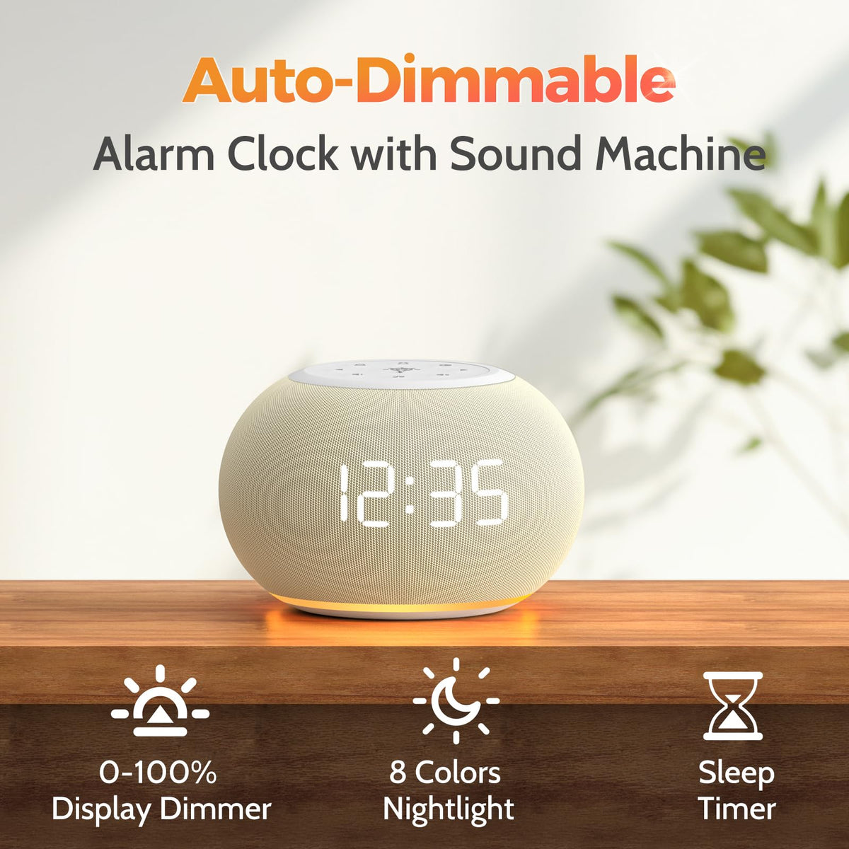 Auto Dimmable Sound Machine Alarm Clock with Night Light for Girls (Beige)