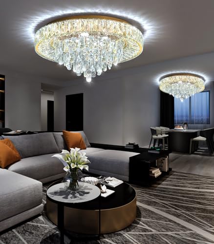 23.6" Modern Crystal Chandeliers LED Dimmable Flush Mount Ceiling Chandeliers for Living Room Entrance Foyer Bedroom Gold (Gold / 23.6" Width)