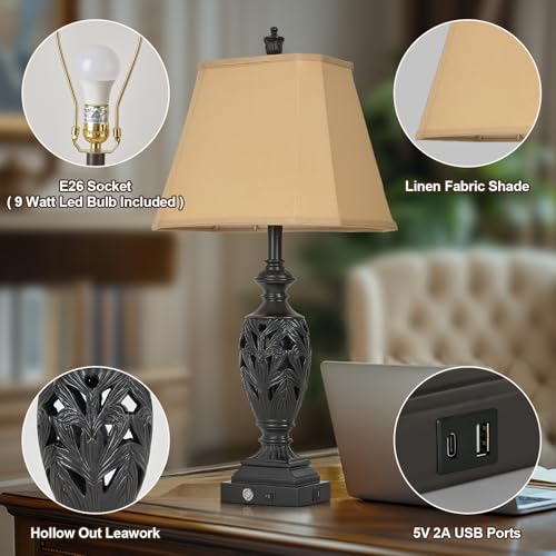 29.5" Touch Control Traditional Table Lamp Set of 2 with USB A+C (Black Gold / 29.5")