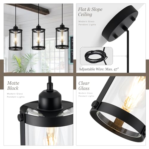 Matte Black Pendant Lights Kitchen Islands (Black + Clear Glass / 1-Light Pendant, 3 Pack)