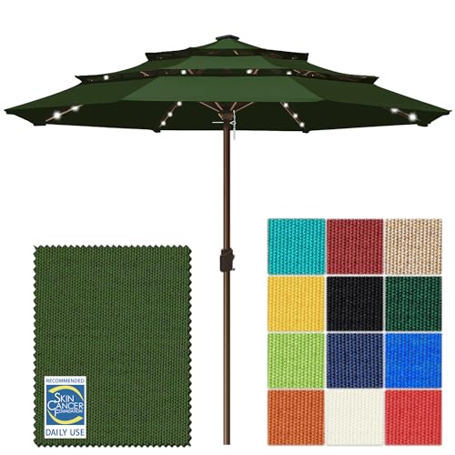 USA 10-Year-Non-Fading 10ft 3-Tier Market Patio Umbrella, Commercial Table Umbrella with 80 Solar LED Lights, Crank Open, Windproof & UPF 50+ UV Protection for Garden, Deck, Pool, Backyard, No Tilt, Fern (Fern / 10FT(Triple Vents No Tilt))