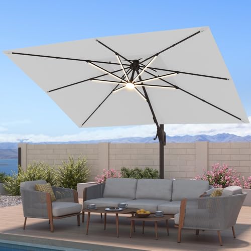 10x13 FT Patio Cantilever Outdoor Umbrella with Base and LED Light (Fog grey)