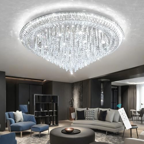 Modern LED Crystal Chandelier for Living Room Dimmable Large Ceiling Light Fixture Round Raindrop Chandeliers for Dining Room Entryway Bedroom Foyer Silver (Silver / W40")
