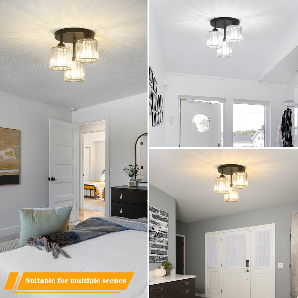 Crystal Semi Flush Mount Ceiling Light (3 lights / Black)