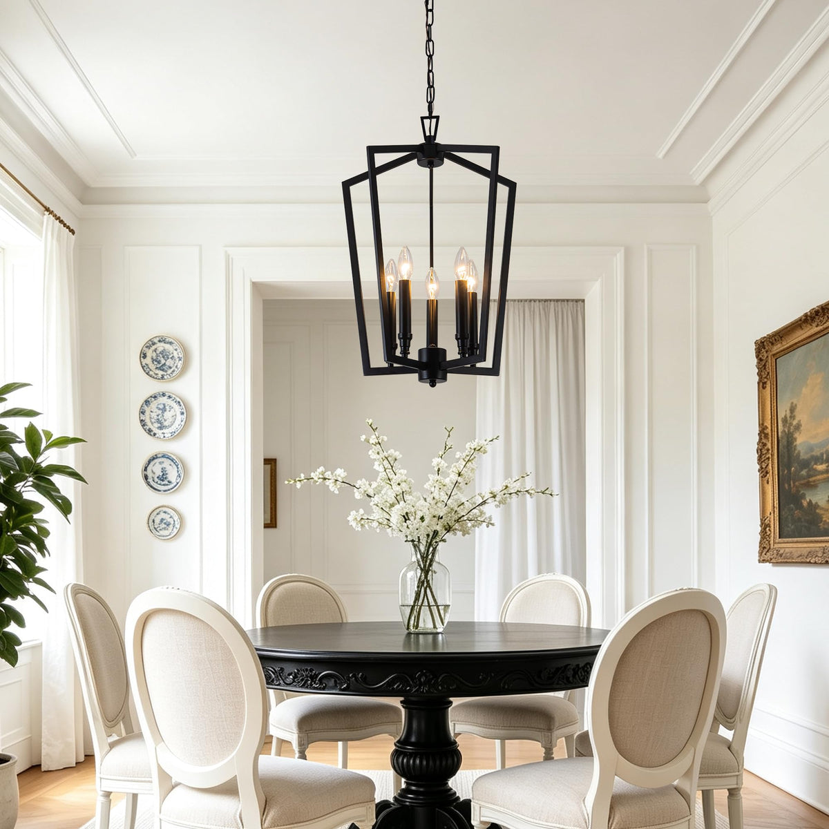 Modern Black Lantern Chandelier for Foyer Entryway Dining Room (Black D16.5 Inch)