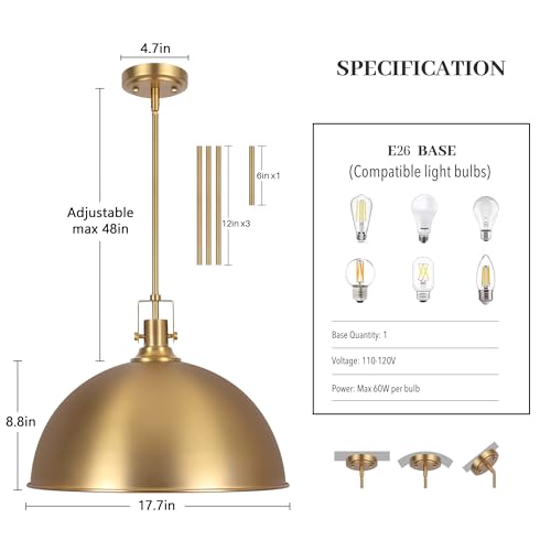 17.7 Inch Large Dome Pendant Light (Brushed Gold / 17.7 Inch)