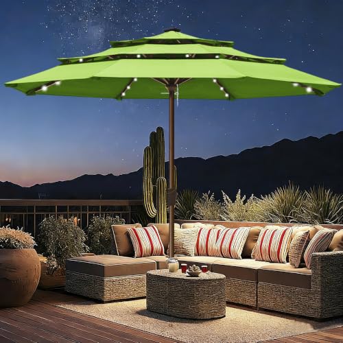 USA 10-Year-Non-Fading 10ft 3-Tier Market Patio Umbrella, Commercial Table Umbrella with 80 Solar LED Lights, Crank Open, Windproof & UPF 50+ UV Protection for Garden, Deck, Pool, Backyard, No Tilt, Macaw Green (Macaw Green / 10FT(Triple Vents No Tilt))