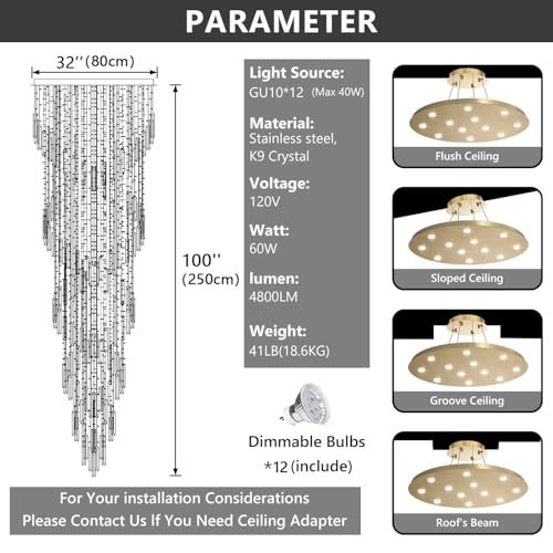98'' Modern Crystal Chandelier High Ceiling Chandeliers for Entryway Large Raindrop Chandeliers LED Dimmable Flush Mount Light Fixtures for Staircaes Foyer Hallway Living Room LED Bulbs Included Gold (D32'' x H100'' Gold)