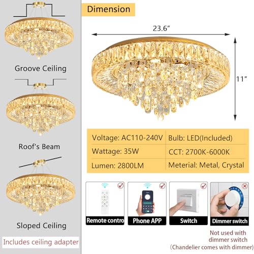 23.6" Modern Crystal Chandeliers LED Dimmable Flush Mount Ceiling Chandeliers for Living Room Entrance Foyer Bedroom Gold (Gold / 23.6" Width)