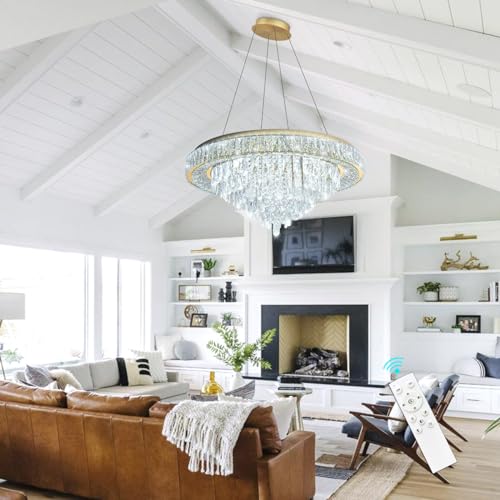 Modern Crystal Chandeliers for Living Room Ceiling Light Fixture LED Dimmable Lamp with Remote Pendant Lighting Flush Mount Ceiling Light for Dining Room Bedrooms Foyer (Gold / 31.5" Width)