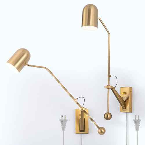 Gold Swing Arms Wall Lamp Plug in Reading Light Modern Sconces Adjustable Wall Mounted Light Fixture for Bedside Living Room Bedroom (B-Gold-2 Pack)