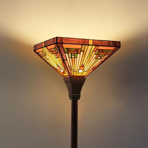 Tiffany Lamp Antique Amber Brown Stained Glass Torchiere Floor Lamp