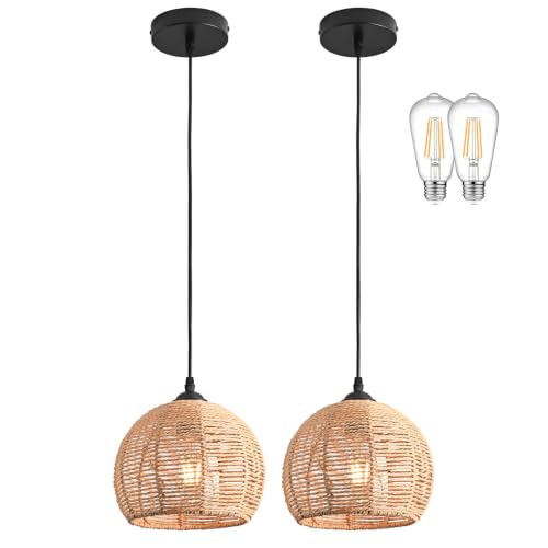 Mini Hemp Rope Woven Pendant Light Woven Light Fixture Boho Chandelier Light Fixture Wicker Pendant Light Rattan Light Pendant Dome Wicker Chandelier for Bedroom Kitchen Island