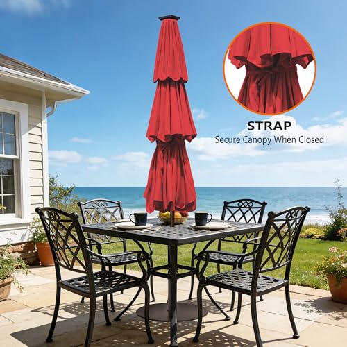 USA 10-Year-Non-Fading 10ft 3-Tier Market Patio Umbrella, Commercial Table Umbrella with 80 Solar LED Lights, Crank Open, Windproof & UPF 50+ UV Protection for Garden, Deck, Pool, Backyard, No Tilt, Logo Red (Logo Red / 10FT(Triple Vents No Tilt))
