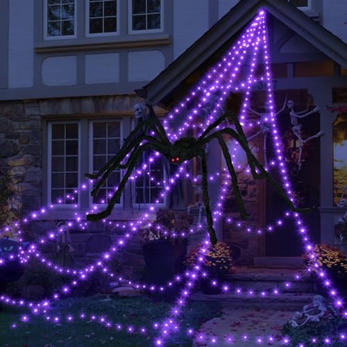 Halloween Spider Web Lights Decoration 455 LED Spider Webs Halloween Decorations Outdoor with 59" Large Spider & 3.53 oz Stretch Cobweb 16.4 Ft Light Up Giant Spider Web with 8 Modes & Timer