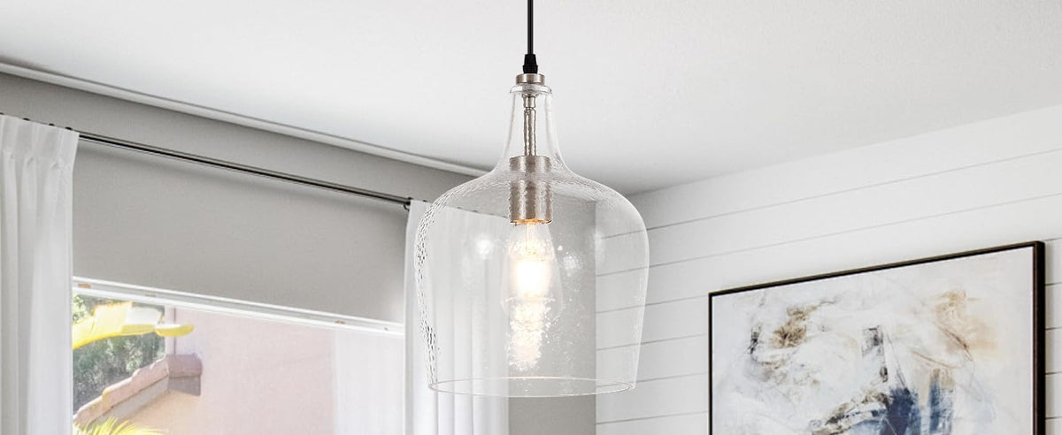 Large Hammered Glass Pendant Light Modern Brushed Nicklel 1 Light Single Dome Pendant Lighting Fixtures for Kitchen Island Dining Room Hallway (Brushed Nickel-Hammered)
